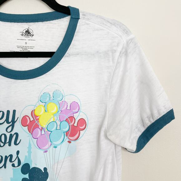 Disney Parks Mickey Ballon Makers Tee White Blue Teal Womens Small Short Sleeve - Picture 4 of 8
